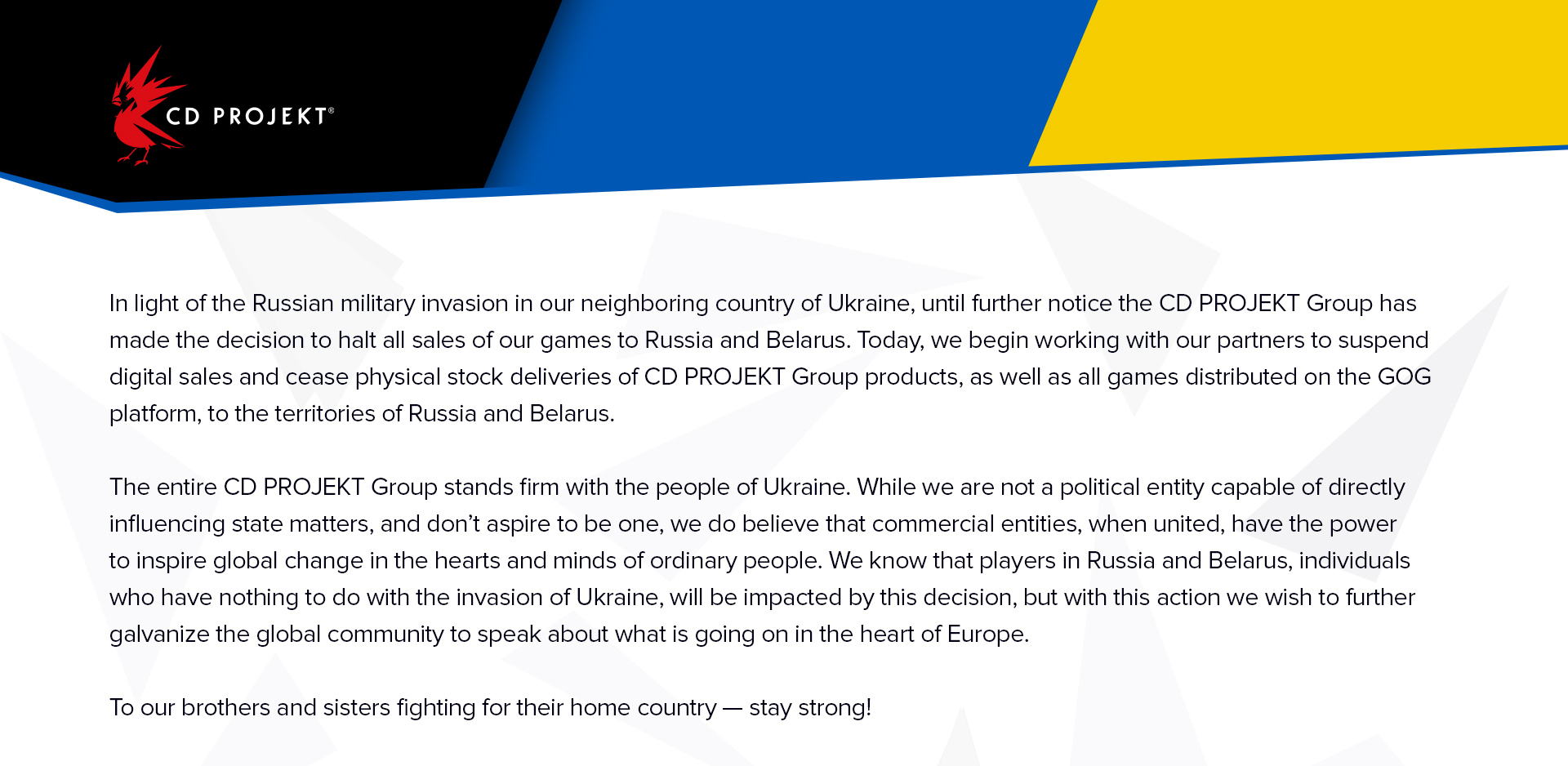 CD Projekt RED остановила продажи своих игр в России и Беларуси